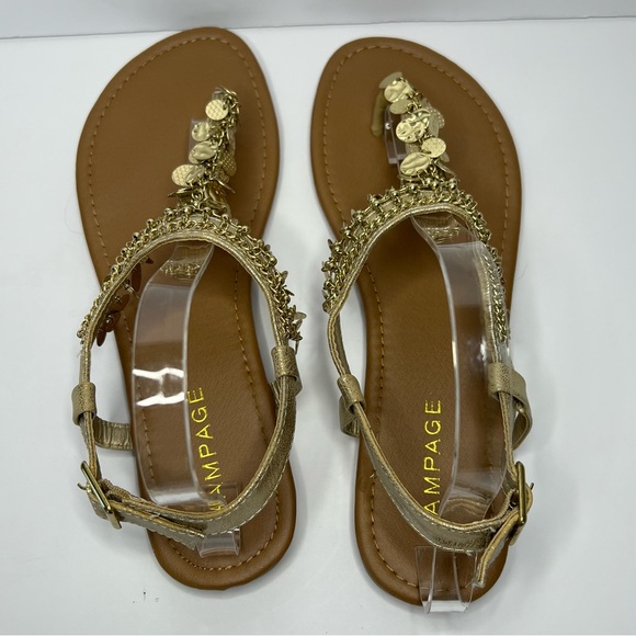 Rampage Jiffy Gold‎ Metal Charm Flat Sandal Thong Toe ankle strap Women's 9.5 - Picture 8 of 13